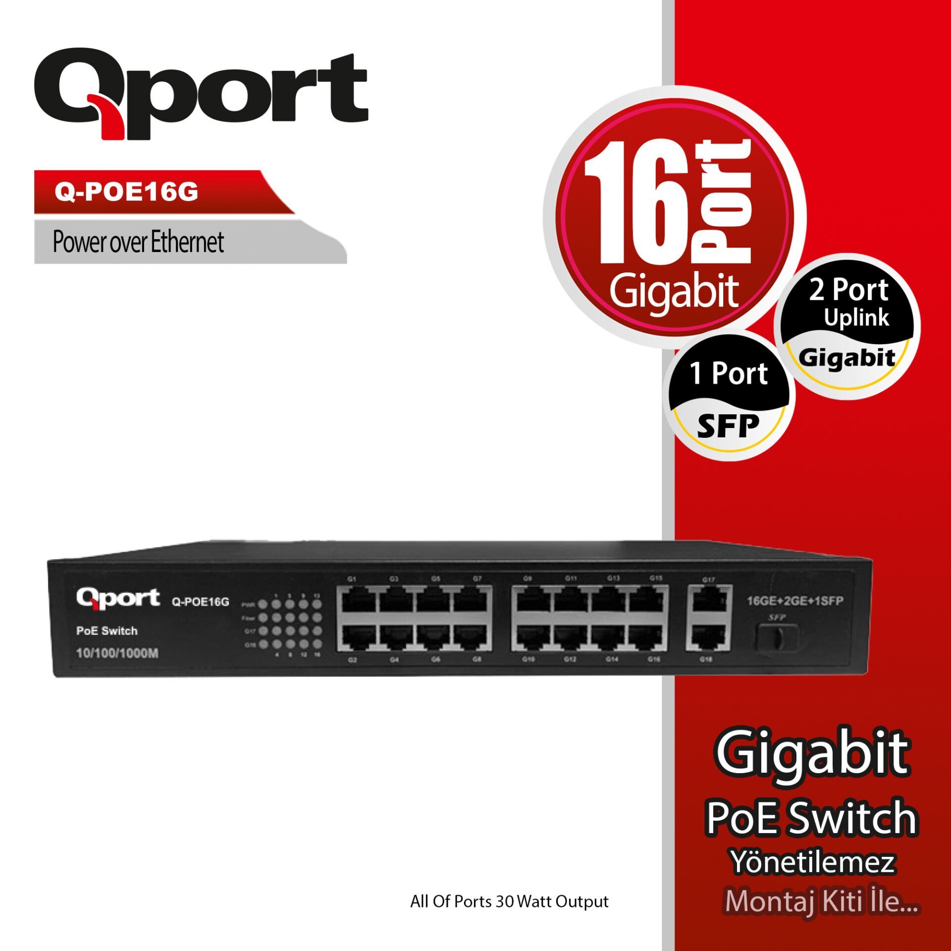 QPORT Q-POE16G 16 PORT GIGABIT + 2 PORT GIGABIT UPLINK POE SWITCH